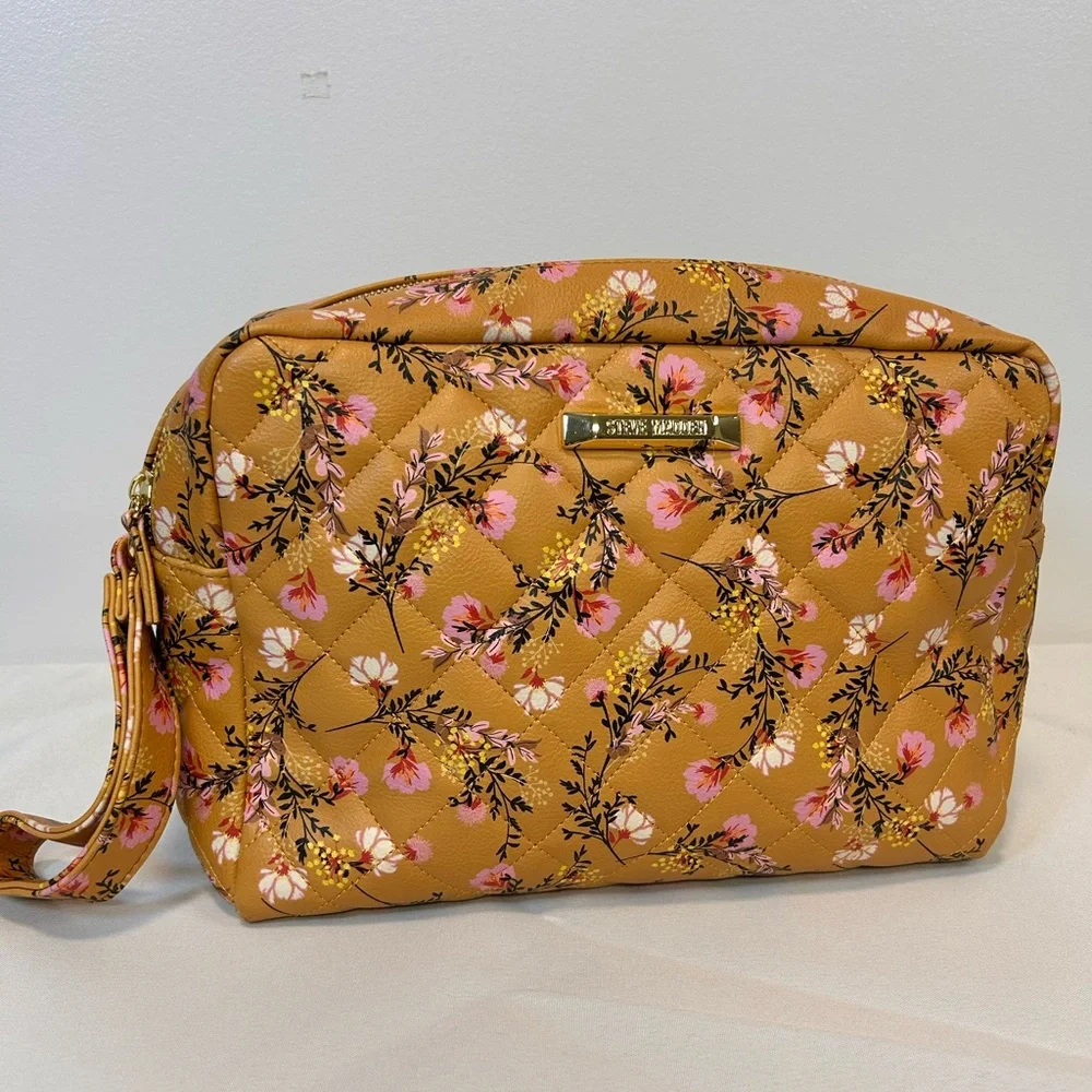 Steve Madden Floral Travel Bag Purse Double Zipper Side Handle Yellow 9'' x 10'' - Picture 3 of 12